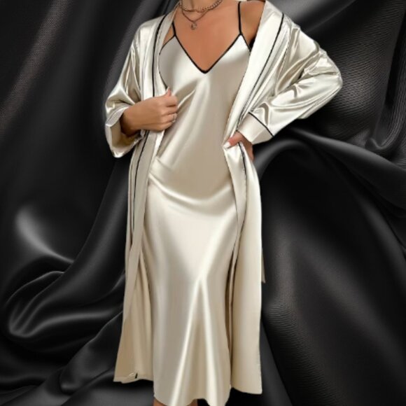 Women’s Satin 2-Piece Sleepwear Set – Champagne Nightgown & Matching Robe - Picture 1 of 11
